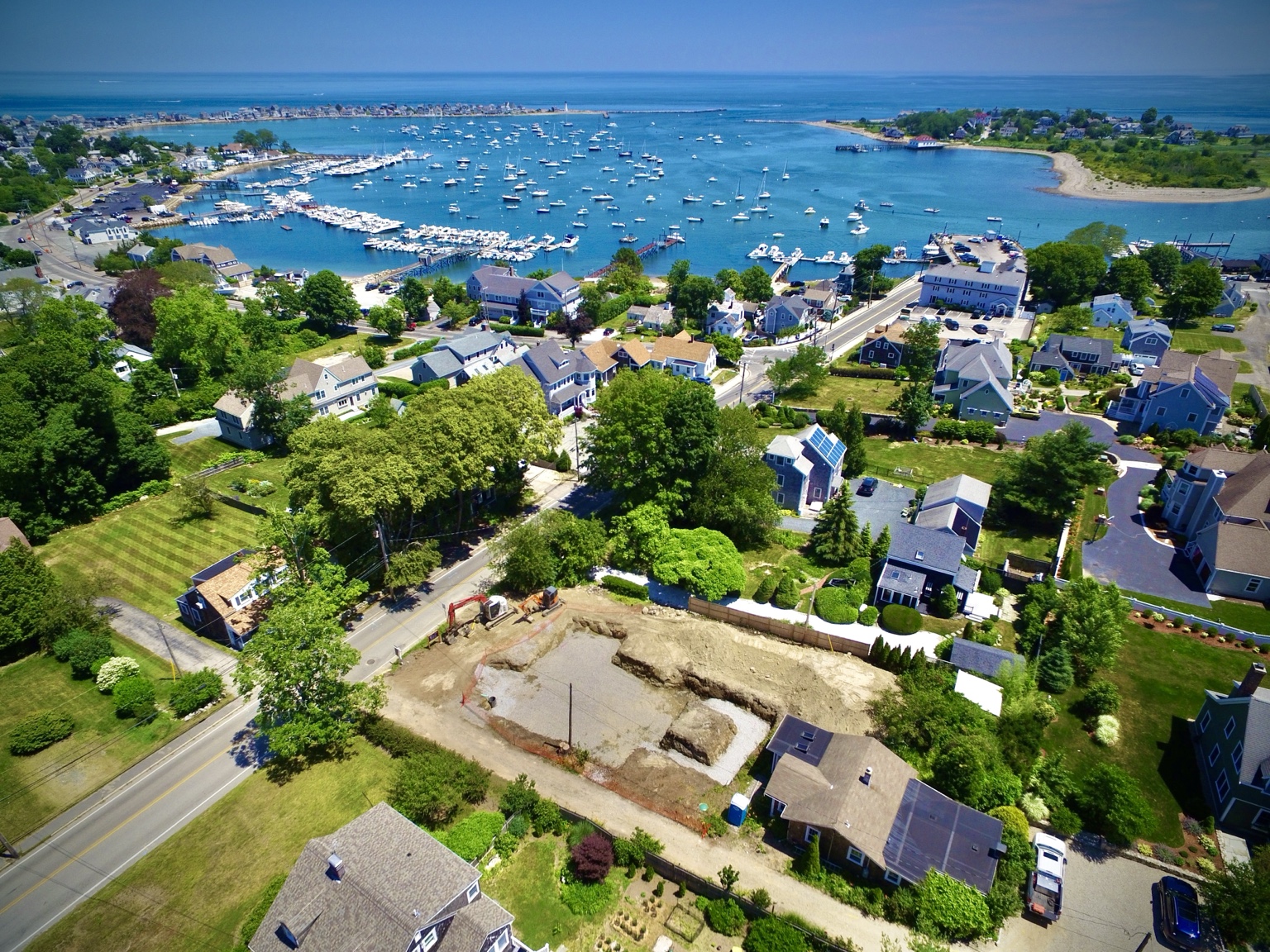 Aerial overview of a prepared coastal foundation site